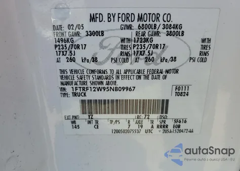 2005 Ford F150 из США, поврежденный, VIN 1FTRF12W95NB09967